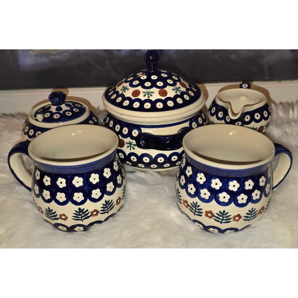 Boleslawiec Polish Pottery Tea Coffee Set Peacock Eye Floral 5 Piece Handmade‎